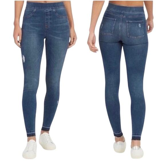 Spanx Lightly Distressed Raw Hem Ankle Length Skinny Jeans Worn Twice Size Large - Picture 2 of 12